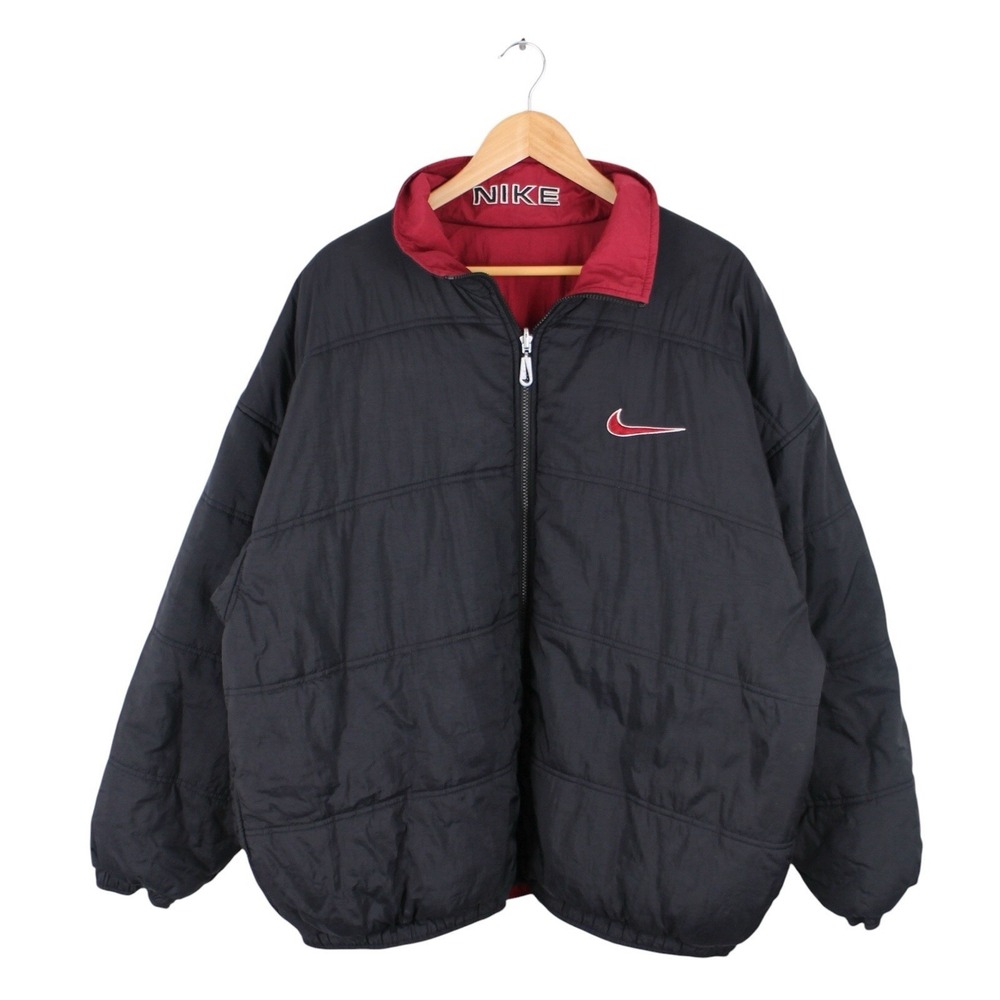 Vintage Nike Reversible Puffer Jacket Black Red Embroidered Swoosh Men's XL
